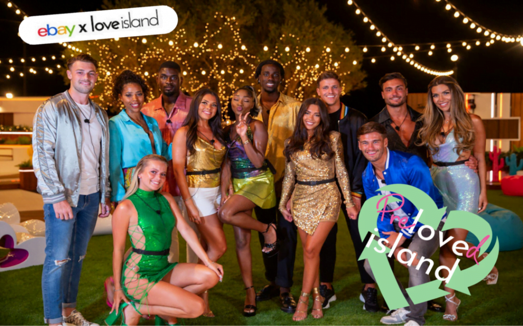 The cast of 2022 Love Island. Wearing items from eBay with the charity shop gift card logo and 'preloved island' written accross it