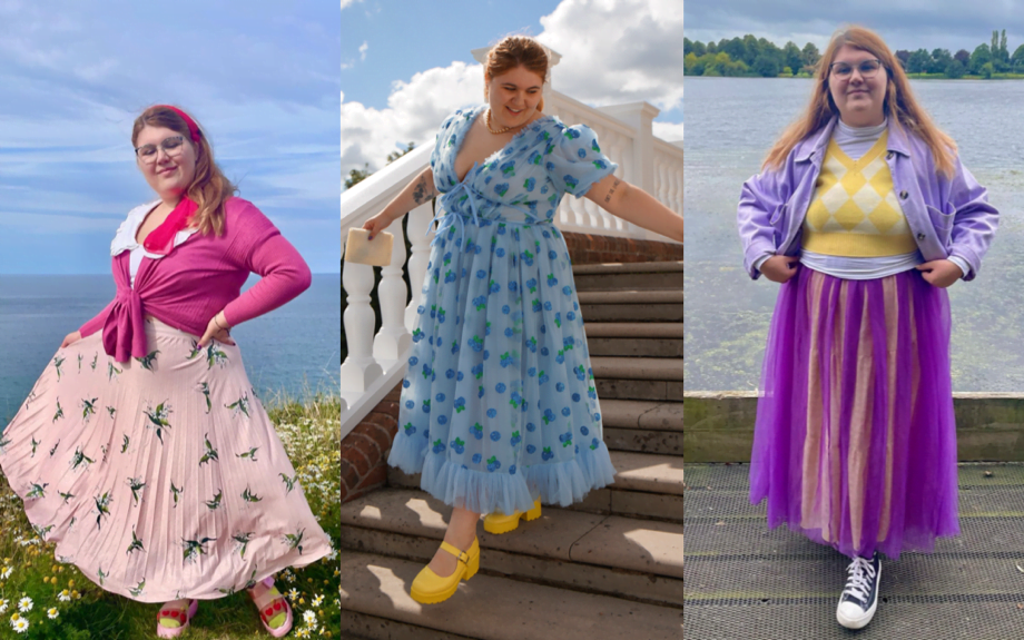 Three separate photos of Abby in her sustainable maximilist outfits