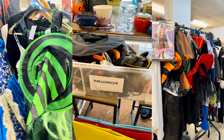 Three images of halloween items found in charity shops